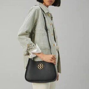 Tory Burch Miller Small Hobo Bag Leather Black Gold Shoulder Handbag Purse NEW
